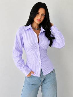 QIOA - Purple Striped Cotton Corset Back Waist-Tie Shirt Blouse