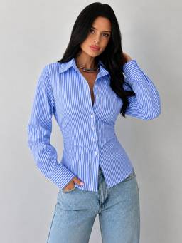 QIOA - Blue Striped Cotton Corset Back Waist-Tie Shirt Blouse