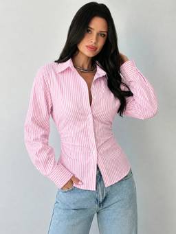 QIOA - Pink Striped Cotton Corset Back Waist-Tie Shirt Blouse