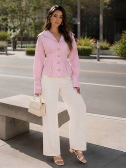 QIOA - Pink Pinstripe Button-Front Cinched Waist Shirt