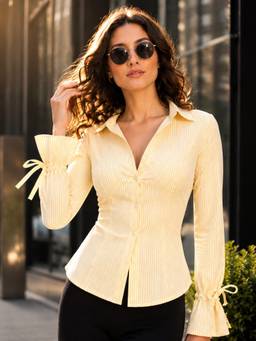 QIOA - Yellow Striped with Tie Cuff Long Sleeve Collared Shirt
