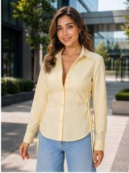 QIOA - Yellow Pinstripe Lace-Up Side Detail Long-Sleeve Cotton Shirt