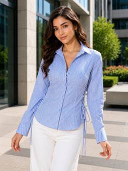QIOA - Blue Pinstripe Lace-Up Side Detail Long-Sleeve Cotton Shirt