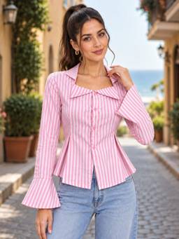 QIOA - Pink Striped Cotton Fitted Waist Shirt