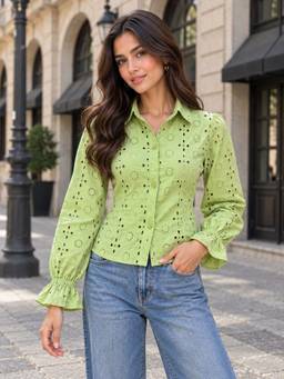 QIOA - Green Cotton Schiffli Shirt