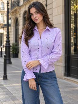 QIOA - Purple Cotton Schiffli Shirt