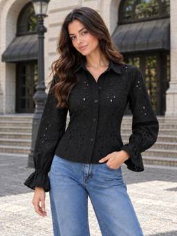 QIOA - Black Cotton Schiffli Shirt