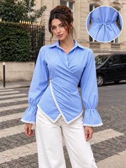 QIOA - Blue Striped Surplice Wrap Front Lace Trim and Waist Tie Shirt