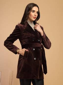 Gipsy - Women Wine Notched Lapel Solid Coat Style Jacket