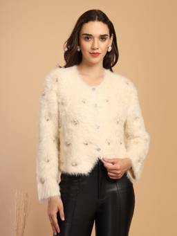Gipsy - Beige Solid V-Neck Short Cardigan