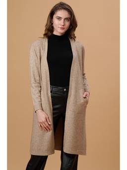 Gipsy - Beige Solid Lapel Collar Long Cardigan
