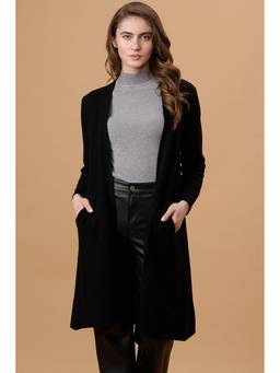Gipsy - Black Solid Lapel Collar Long Cardigan