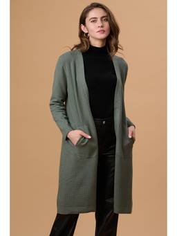 Gipsy - Green Solid Lapel Collar Long Cardigan