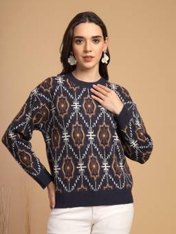 Gipsy - Navy Blue Printed Round Neck Pullover Sweater