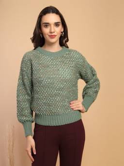 Gipsy - Green Solid Round Neck Pullover Sweater