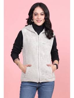 JAKANARY - Grey Women Hooded Solid Lightweight Sherpa Jacket