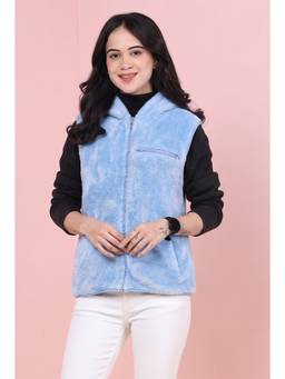 JAKANARY - Blue Women Hooded Solid Lightweight Sherpa Jacket