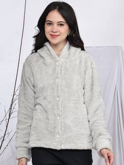 JAKANARY - Grey Women Hooded Solid Lightweight Sherpa Jacket