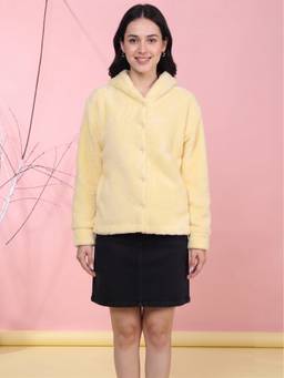 JAKANARY - Yellow Women Hooded Solid Lightweight Sherpa Jacket