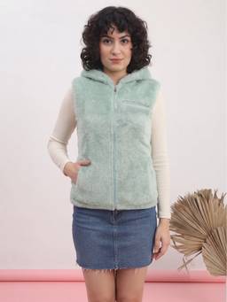 JAKANARY - Aqua Women Hooded Solid Lightweight Sherpa Jacket