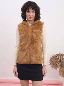 JAKANARY - Mustard Women Hooded Solid Lightweight Sherpa Jacket
