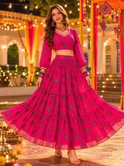 Sera - Women Floral Printed Chiffon Pink Co-ord Set