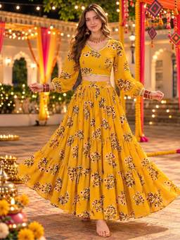 Sera - Women Floral Printed Chiffon Yellow Co-ord Set