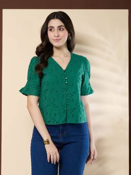 Latin Quarters - Women Green Embroidered V-Neck Top