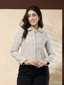 Latin Quarters - Women's Check Ivory Full Sleeve Collar Neck Casual Tweed Jacket