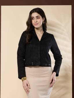 Latin Quarters - Women's Solid Black Full Sleeve Collar Neck Casual Jacket