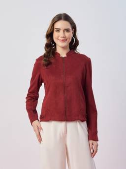 Latin Quarters - Women's Suede Maroon Full Sleeve Mandarin Neck Casual Biker Jacket