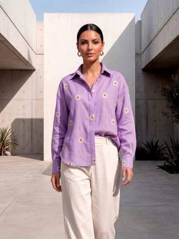 PURVAJA - Purple Women's Relaxed Full Sleeves Collar Neck Embroidered Shirt
