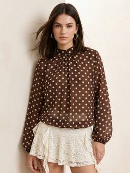 Outzidr - Brown High Neck Polka Dotted Blousson Top
