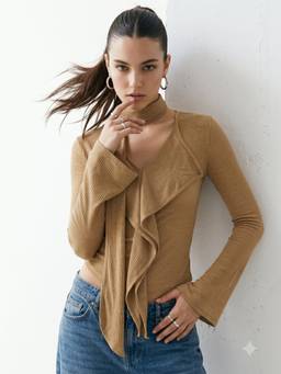 Outzidr - Tan Plunge Neck Ruffled Fitted Top