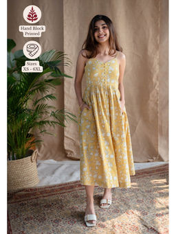 The Indian Ethnic Co. - Yellow A-Line Dabu Slub Cotton Printed Dress