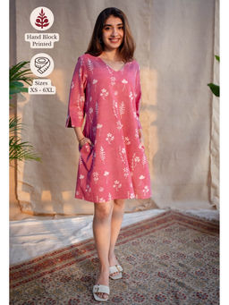 The Indian Ethnic Co. - Pink A-Line Dabu Slub Cotton Dress Printed V Neck Dress