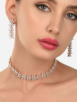 Zaveri Pearls - Rose Gold Cubic Zirconia Bling Necklace & Earring Set-ZPFK15228