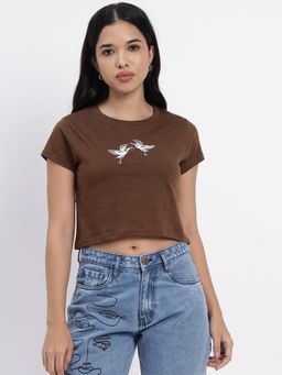 Sands of India - Brown Crop T Shirt With Embroidery
