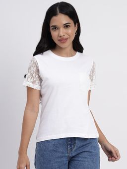 Sands of India - White Regular T-Shirt with Exquisite Lace Details