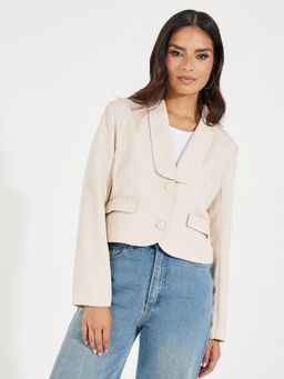 Styli - Women Beige Solid Regular Fit Short Length Lapel Blazer