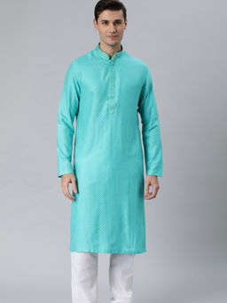 Manthan - Turquoise Art Silk Full Sleeves All Over Self Design Kurta