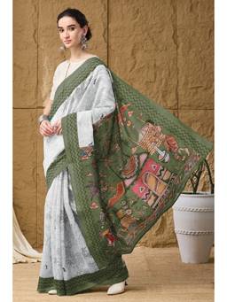 RACHNA - Olive-Off White Kalamkari Printed Silk Blend Ready To Wear Saree