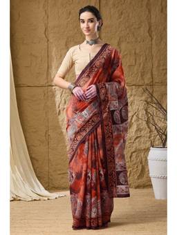 RACHNA - Orange Kalamkari Printed Silk Blend Ready To Wear Saree