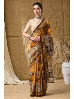 RACHNA - Yellow Kalamkari Printed Silk Blend Ready To Wear Saree