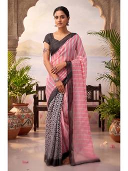 Elora - Baby Pink Chanderi Cotton Stripes Printed Ready To Wear Saree