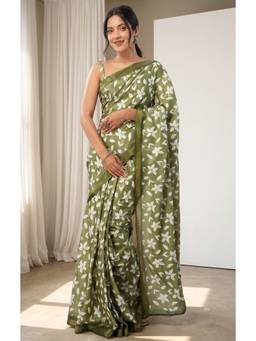Elora - Olive Floral Printed Ready To Wear Saree