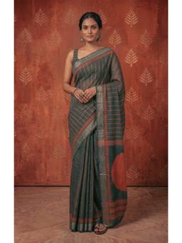Elora - Dark Green Chanderi Cotton Stripes Printed Ready To Wear Saree
