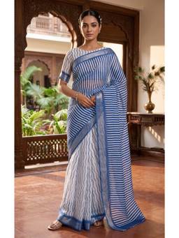 Elora - Blue-White Chanderi Cotton Leheriya Printed Ready To Wear Saree