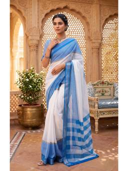 Elora - Blue-White Stripes Printed Ready To Wear Saree