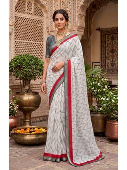 Elora - Off-White Zig-Zag Printed Ready To Wear Saree